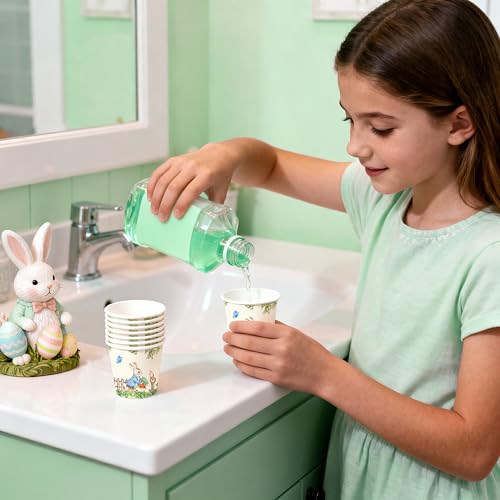 WRAPAHOLIC 3oz Easter Paper Cups - 100 Pack Disposable Bathroom Cups with Garden Hop Rabbit Design, Small Mouthwash Cup for Toothbrush Rinse, Bathroom, Easter, Baby Shower and Party - color: Easter - Green Garden Hop Rabbit