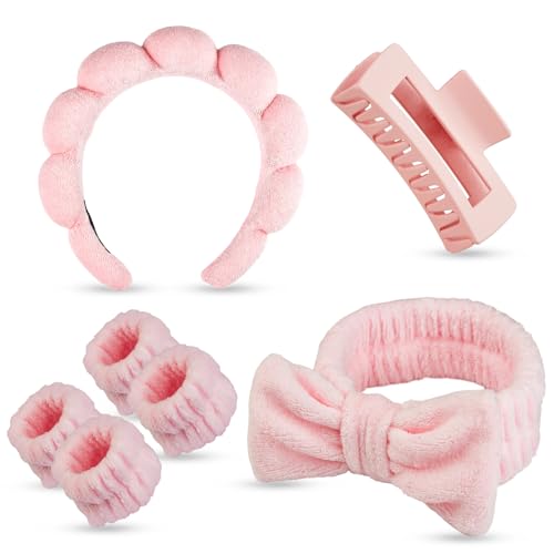 7 Pcs Spa Set, Facial Headband and Wristband Set, Skincare Accessories, College Style Girl Idea Gifts, Hair Accessories for Women and Girls (Pink) - color: Pink