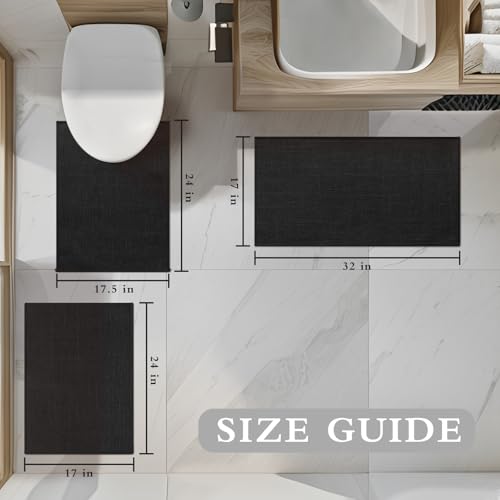 YIHOUSE Black Bathroom Rug Set, 3 Piece, Non Slip, Quick Dry, Thin Bath Mat for Bathroom and Kitchen - color: Black, size: 3 Piece (17"x24" + 17.5"x24"U + 17"x32")