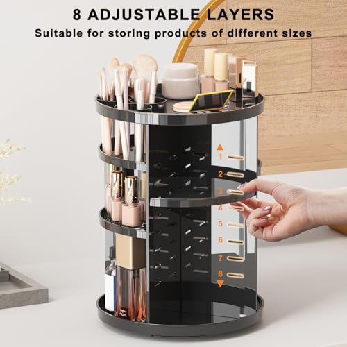 Rotating Makeup Organizer, DIY 8 Adjustable Layers Spinning Skincare Storage, Cosmetic Display Case with Brush Holder and Perfume Tray, Multi-Function Vanity Bathroom Countertop Organizer Black - color: Black