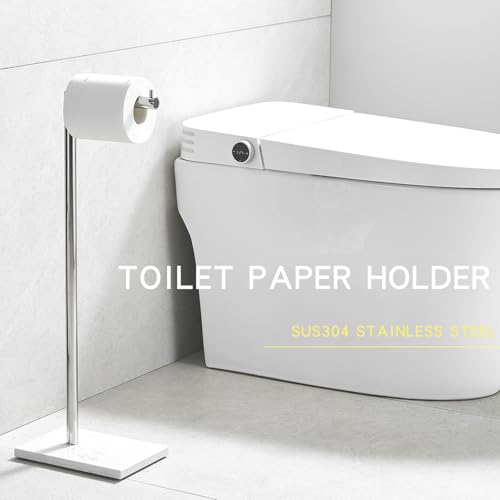 304 Stainless Steel Freestanding Toilet Paper Holder with Marble Base - Multi-Roll Capacity, No-Drill Installation, Bathroom Organizer for Compact Spaces (Polished Chrome/White Marble) - color: Polished Chrome/White Marble
