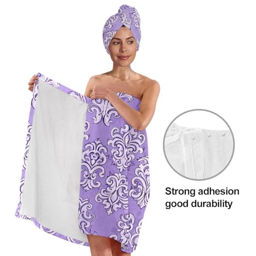 YWMAN Microfiber Bath Wrap Set with Hair Turban, Purple Damask Pattern, Soft Spa Shower Towel Wrap, Women's Bath Accessories, Fits 39.4-59 inch Chest