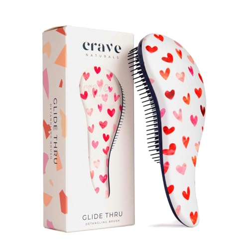 Crave Naturals Glide Thru Hair Brush - Detangler Brush for Curly, Straight, Wet or Dry Hair - Gentle Detangling Brusheses for Adults, Kids, Toddlers - Hair Accessories for Women, 7.5"x3" - Pink Hearts - color: Hearts, size: 1 Pack (Regular)
