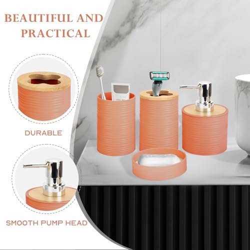 4 Pieces Bamboo Bathroom Accessories Set, Bathroom Accessory Set with Soap Dispenser and Toothbrush Holder, Soap Dish and Toothbrush Cup, Boho Bathroom Decor(Orange) - color: Orange