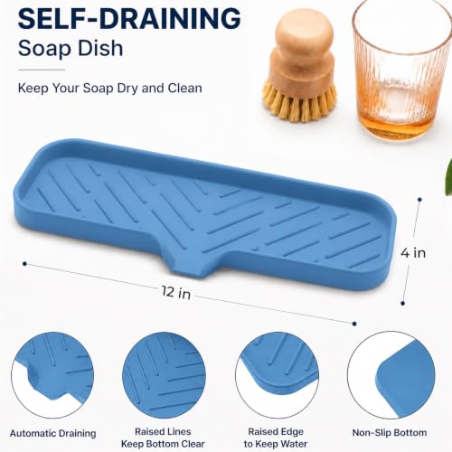 MicoYang Silicone Soap Dish with Drain Spout — Self-Draining Double Sink Organizer Tray for Kitchen & Bath, Dispensers, Sponges & Soap Holder, Non-Slip & Dishwasher Safe, Lichen Blue (Large, 12"×4") - color: Lichen Blue, size: L(12"×4")