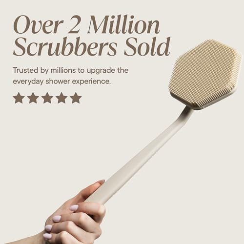 TOOLETRIES Silicone Back Scrubber for Shower with Hook - Sand | Long ergonomic bath brush with a non-slip grip for exfoliating and reaching hard-to-reach areas comfortably. - color: Sand