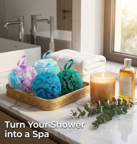 DadyMart Shower Loofah Sponge Pouf – XL Exfoliating Bath Puff Body Scrubber, Soft Mesh Shower Sponge with Reinforced Knot, Rich Lather, Set of 4 for Women and Men - style: Flower