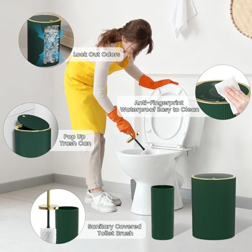 Dark Green Bathroom Accessories Set, 10PC Bathroom Set, Bath Accessory with Pop Up Trash Can, Soap Dispenser, Toilet Brush, Toothbrush Set Qtip Holders & Tray - color: Dark Green & Gold, size: 10-Piece Set (Accessories Only)