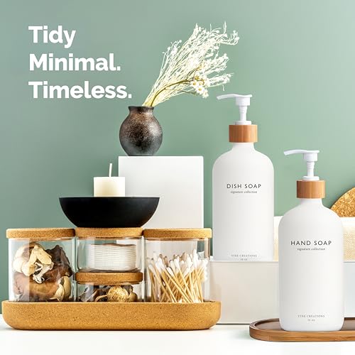 Vine Creations White Glass Soap Dispenser Set, Hand Soap and Dish Soap Dispenser Set with Bamboo Tray, 16 oz Glass Dispensers Bottle for Kitchen and Bathroom Decor Modern Boho with Bamboo Pump (White) - color: White