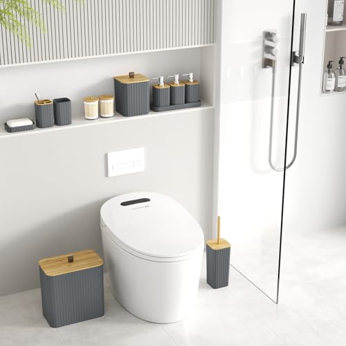 Bathroom Accessory Set - Grey Bathroom Set, 12PC Bathroom Accessories Set, Grey Bathroom Accessories Set, Mini Trash Can, Toilet Brush, Trash Can & Soap Dispenser - size: Bathroom Set, style: Grey