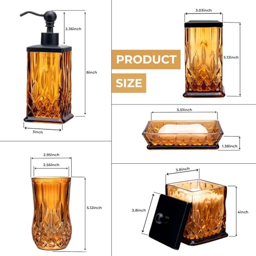 Amber Bathroom Accessories, Thick Etched Glass & Zinc Alloy Pump | Square Design, Beautiful & Weight, 5 Pcs Soap Dispenser, Toothbrush Holder, Soap Dish, Tumbler & Jar, for Mission/Amish Style - style: Square(Amber)