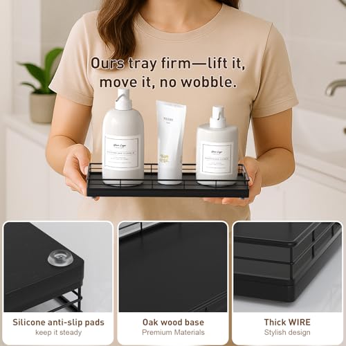 Bathroom Tray for Counter Top Organizer, Oak Wood Vanity Tray | Metal Frame for Dresser, Kitchen & Nightstand, Black Decorative Storage - color: Black, size: 11" x 4.5" x 1.5"