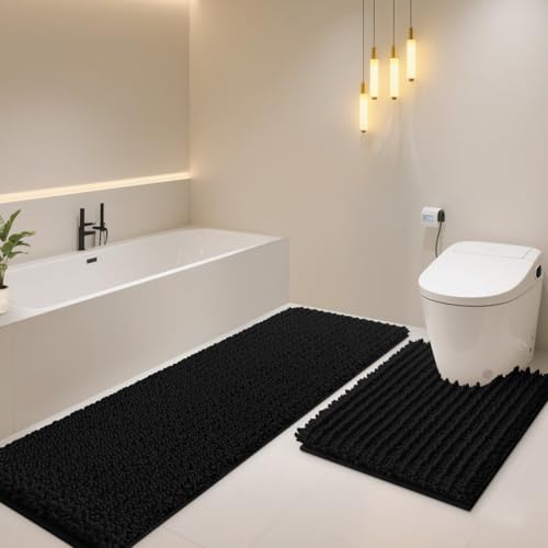 ACCUMTEK Upgrade Luxury 2 Piece Black Toilet Bathroom Rug Mat U Shape 24"x20"+48"x20", Ultra Soft Thick Absorbent Bath Mats, Non Slip Chenille Toilet Mat for Bathroom, Bedroom, Kitchen, Shower, Tub - color: Black, size: U Shape24" X 20" plus 20" X 48"