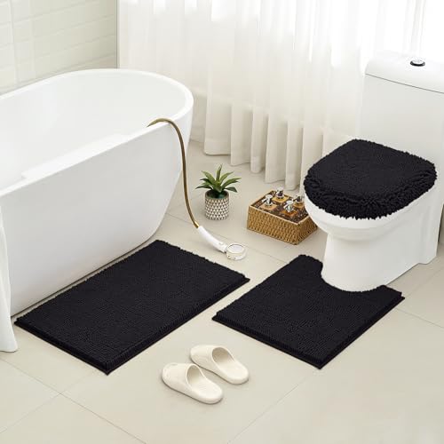HOMEIDEAS 3 Pieces Black Bathroom Rugs Set, Ultra Soft Non Slip Bath Rug and Absorbent Chenille Bath Mat, Includes U-Shaped Contour Rug, Bath Mat and Toilet Lid Cover, Perfect for Bathroom, Tub - color: Black, size: 20"x32"+U 20"x24"+Cover 18"x21"
