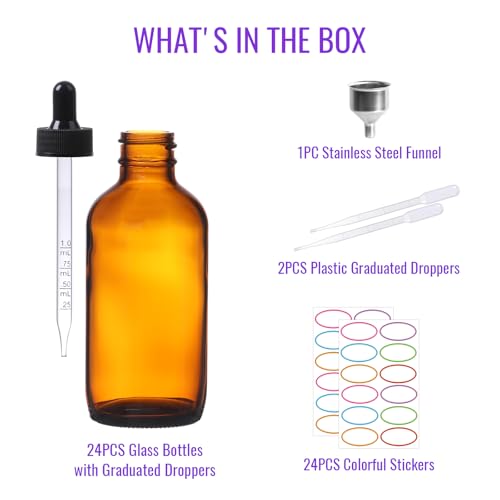 AuroTrends 4 oz Dropper Bottles Glass 24Pack, Amber Glass Tincture Bottles with Dropper - Dropper Bottle 4 oz with Funnel/Stickers/Plastic Graduated Pipette (4fl.oz, Set of 24) - color: Amber, size: 4fl.oz-24Pack
