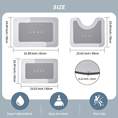 Housego 3PCS Absorbent Bath Mat Magic Rug Sets, Quick Drying Bath Mat Non-Slip Floor Rug Rubber Backed for Bathroom Kitchen Shower Sink (16.9''x23.6''+19.7''x23.6''+19.7''x31.9'', Light Gray) - color: Light Gray, size: 3 PCS