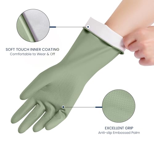 Rubber Cleaning Gloves for Dishwashing, 4 Pairs Reusable Kitchen Gloves for Washing Dishes and Household Cleaning, Green Dish Gloves with Flocked Lining and Non-Slip Grip, Pefect for Woman Men - S - color: Green, size: Small