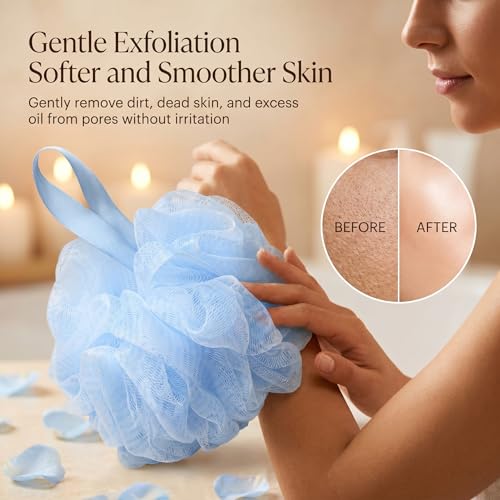 SEVENHEAD Bath Sponge Shower Loofahs,Blue,50g/Piece,Mesh Pouf Bath Scrunchies Body Wash Puff(Set of 4) - style: Blue