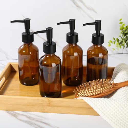 RYTOXILO 8 fl oz Amber Glass Soap Dispenser 4 Pack, Brown Glass Bottle with Pump, Refillable Round Hand Soap Dispensers Bathroom for Soap, Lotion, Oil, Shampoo