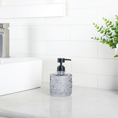 Marcella Glass Soap Dispenser with Soap Pump, Refillable 14 Ounce Capacity, Floral Design Rose Patterns, Heavy Weight Thick Glass for Bathroom, Premium Kitchen Soap Dispenser Gray - color: Gray