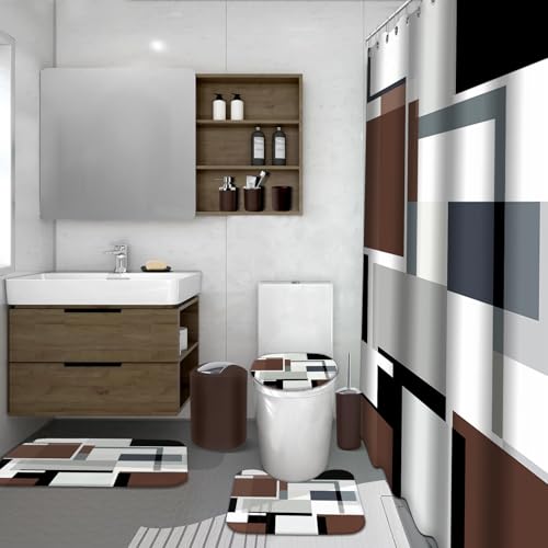 Lnond Brown Bathroom Set, 23-Piece Brown Geometric Bathroom Decor Set with with Shower Curtain and Rugs, Trash Can, Toilet Brush Holder Set & Soap Dispenser - style: Brown Geometric