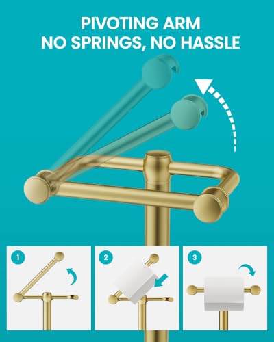 Freestanding Toilet Paper Holder Stand, 4.57 LB Weighted Base Toilet Paper Stand with Pivoting Arm, 304 Stainless Steel Floor Toilet Roll Holder No Drilling, 25.6 Inch, Gold - color: Gold