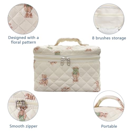 Gosect Large Makeup Bag, Cute Cosmetic Bag for Women Girls, Floral Coquette Aesthetic Toiletry Bag, Travel Make Up Organizer Bag (White-Bear) - color: 018Bear