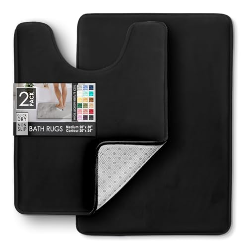 Clara Clark Bathroom Rugs, Velvet Memory Foam Bath Mat, Non-Slip Bath Rugs, Machine Wash, Dries Quickly, Ultra Soft Plush Bath Mats for Bathroom, - color: Black, style: 20 x 32 + Contour
