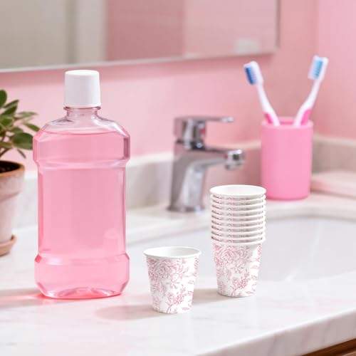 WRAPAHOLIC 3oz Paper Cups - 100 Pack Disposable Bathroom Cups with Toile Red Floral Design, Small Mouthwash Cup for Toothbrush Rinse, Home Bathroom, Picnic, BBQ, Travel and Party - color: Toile Red Floral