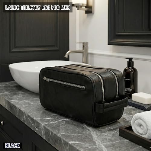 Toiletry Bag For Men Large, Premium PU Leather Travel Kit, Metal Zippers & Bottom Studs, Velvet Dust Bag & Shape-Retention Packaging – Gift Ready For Groomsmen, Anniversary, Birthday Gifts/ BLACK - color: BLACK