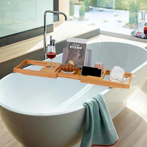Utoplike Bamboo Bathtub Caddy Tray Bath Tray for Tub, Adjustable Bathroom Bathtub Organizer with Book Tablet Wine Glass Cup Towel Holder - color: Natural