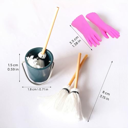 Miniature Cleaning Set: Mop, Bucket & Rubber Gloves for Dollhouse Scenes