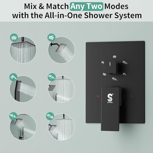 Shower Faucet Set Shower System - SR SUN RISE Matte Black Shower Trim Kit with Dual Shower Head, 10'' Ceiling Rainfall 6'' Wall Mount with Handheld Shower for Couples, Complete 6 Diverter Valve - color: Black, size: 10 Inch
