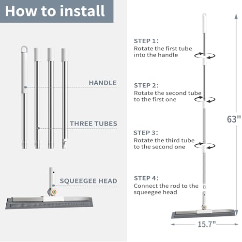 Floor Squeegee for Concrete Floor, Squeegee for Floor with 180° Rotating Head & 63" Long Handle, Garage Squeegee Broom for Epoxy Floor, Pet Hair, Water Removal, Bathroom Tile, Shower Glass, Carpet