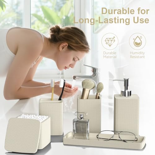 Beige Bathroom Accessories Set 5 Pieces, Resin Toothbrush Holders Set Complete with Soap Dispenser, Toothbrush Holder, Vanity Tray, Bathroom Tumbler and Qtip Holder for Small Spaces - size: 5 Pcs Bathroom Set, style: Beige