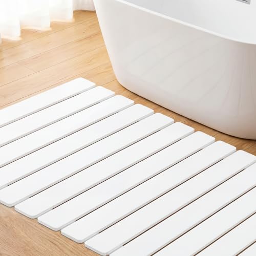 Nuanchu Large Stone Bath Mat 31.2" x 23.3" - Foldable Diatomite Bath Mat with Anti-Slip Pad Quick-Dry Large Bathroom Non-Slip Absorbent and Easy to Clean for Shower Entryway Kitchen Counter (White) - color: White