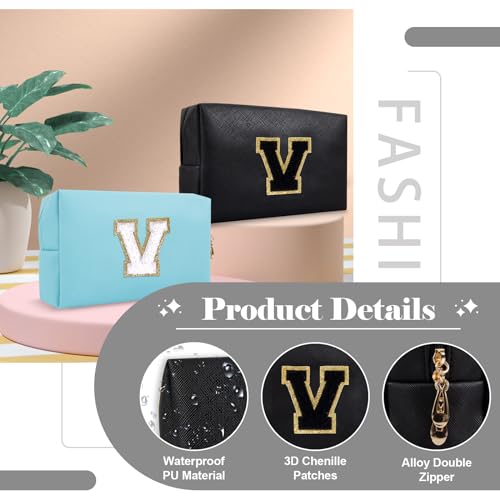 Personalized Initial A-Z Preppy Patch Makeup Bag,Small PU Chenille Letter Cosmetic Bag with Zipper for Teen Girls,Black Cute Toiletry Organizer Bag,Monogram Makeup Case Gift for Women Girls,Letter V - color: Black,Black-Letter, size: V