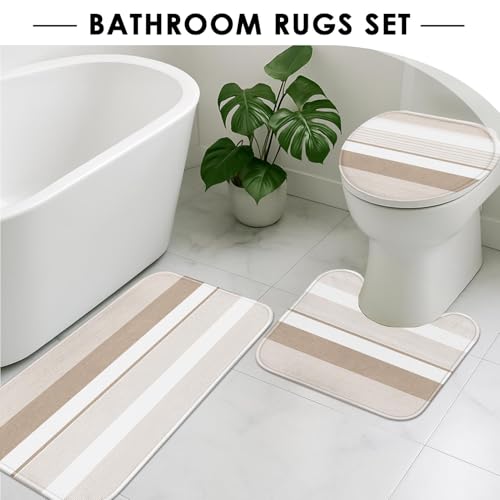 Beige Shower Curtain Set with Toilet Lid Cover and Non-Slip Rugs for Bathroom, Modern Striped Lines 4 Pcs Shower Curtain, Simple Abstract Bathroom Set with 12 Hooks - color: Stripes Beige
