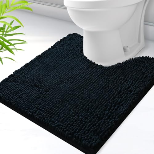 U-Shaped Toilet Rug, Chenille Contour Bathroom Mat, Non-Slip PVC Backing, Machine Washable, 24x20, Black - color: Black, size: 1'8" x 2' (20"x 24"U)