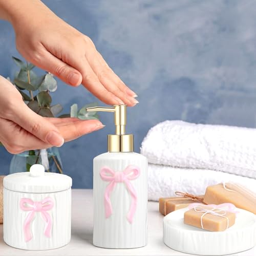 Zhehao 4 Pcs Ceramic Pink Bow Bathroom Set Bathroom Accessories Soap Dispenser Tumbler Toothbrush Holder Vanity Soap Tray Cotton Swab Jars Refillable Decor Gift for Her(White with Pink Bow)