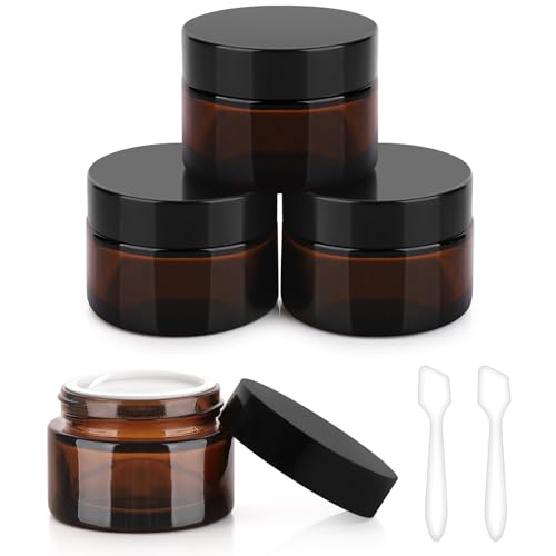 Accmor 1 OZ Glass Jars with Lids, 4 Pack Amber Makeup Sample Container with Inner Liners & Spatulas, Leak Proof Round Travel Cosmetic Storage for DIY Making Lotions, Creams, Body Scrub, Bath Salts - color: Amber, size: 1 Ounce