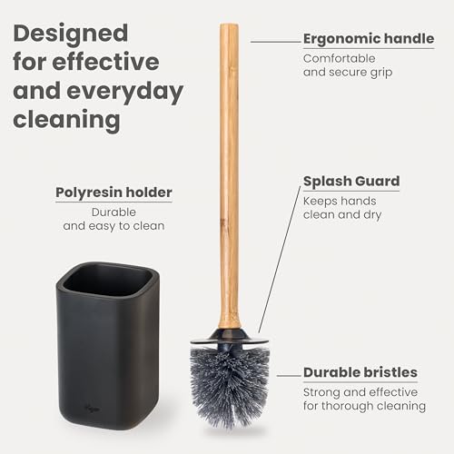Vigar Zense Toilet Brush and Holder Set - Toilet Bowl Brush and Holder, Polyresin Stone Bathroom Accessory, Compact Toilet Cleaner Brush for Bathroom Decor and Toilet Accessories Set - Cool Black - color: Cool Black