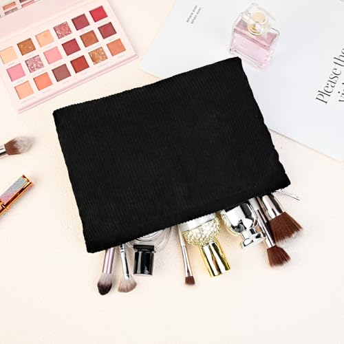 SOIDRAM 2 Pcs Corduroy Makeup Bag Large Cosmetic Bag Toiletry Bag Makeup Pouch Travel Bag Organizer Cute Makeup Brushes Aesthetic Accessories Storage Bag for Women Black - color: Corduroy Black