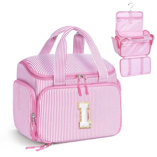 YOOLIFE Birthday Gifts for Women Teen Girls Initial Toiletry Bag, Pink (I) | Initial Hanging Toiletry Bag for Teen Girls, Birthday Gifts for 5 6 7 8 9 10 11 12 13 14 15 16 17 Year Old Girl - color: Pink, style: I