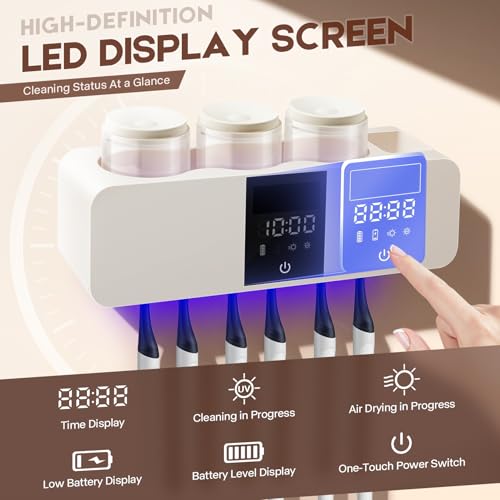 LXIANGN 3 in 1 Toothbrush Cleaner Holders for Bathrooms,Wall Mounted Toothbrush Holders with Drying and Cleaning,Smart LED Screen,6 Toothbrush Slots,3 Cups and Toothpaste Dispenser (White) - color: White