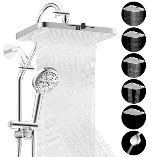 Hibbent cUPC Certified 13'' Shower Head Combo, High Pressure 5 Spray White Rainfall Showerhead, 10 Spray Handheld, All Metal Easy Reach 4-way Diverter Arm with Pause Mode, 71'' Hose and Holder, Chrome - color: White, style: Square 13"