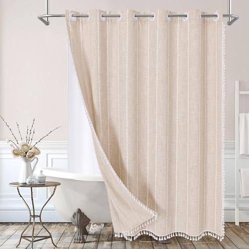 MitoVilla No Hooks Required Boho Farmhouse Shower Curtain with Snap-in Liner, Cotton Linen Fabric Shower Curtains with Tassels for Rustic Neutral Bathroom Decor, Beige/Cream, 72 x 74 - color: Cream