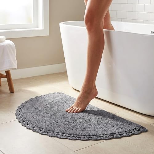 Half Moon Circle Bohemian Bathroom Rug with Handwoven Chrochet Border, Beautifully Handcrafted 100% Cotton Mat - 22x42", Round Boho Bedroom Rug, Boho Bathroom Décor, Machine Washable - Charcoal Grey - color: Charcoal Grey, size: 1'10" x 3'6" (Semicircular