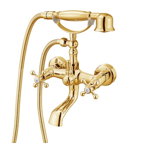 gotonovo Wall Mount Clawfoot Bathtub Faucet with HandHeld Spray and 360° Double Cross Handle Swivel Spout Vintage Tub Shower Faucet Set with Adapter Adjustable Swing Arms Polish Gold - color: Polish Gold