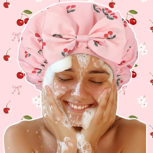 ramede Large Satin Lined Shower Cap for Women Reusable Waterproof Double Layer Bath Cap with Cherry Bow Large Washable Bath Caps with Soft Elastic Band Protect Long Hair Braids - style: Cherry Bow